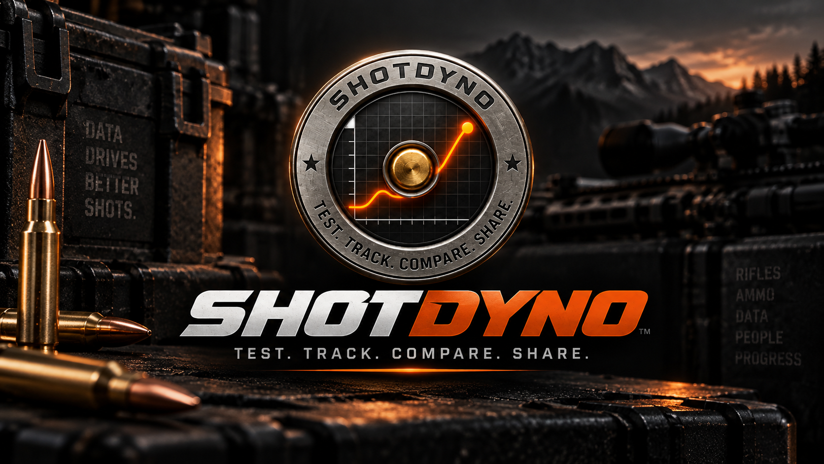 ShotDyno metallic emblem and wordmark: Test. Track. Compare. Share.